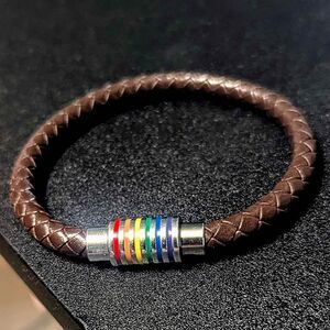 LGBTQ 6mm Brown Woven Leather Bracelet w/Magnetic Rainbow Closure